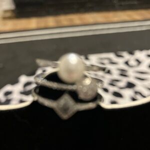 Adjustable pearl, cubic zirconia ring set in silver
